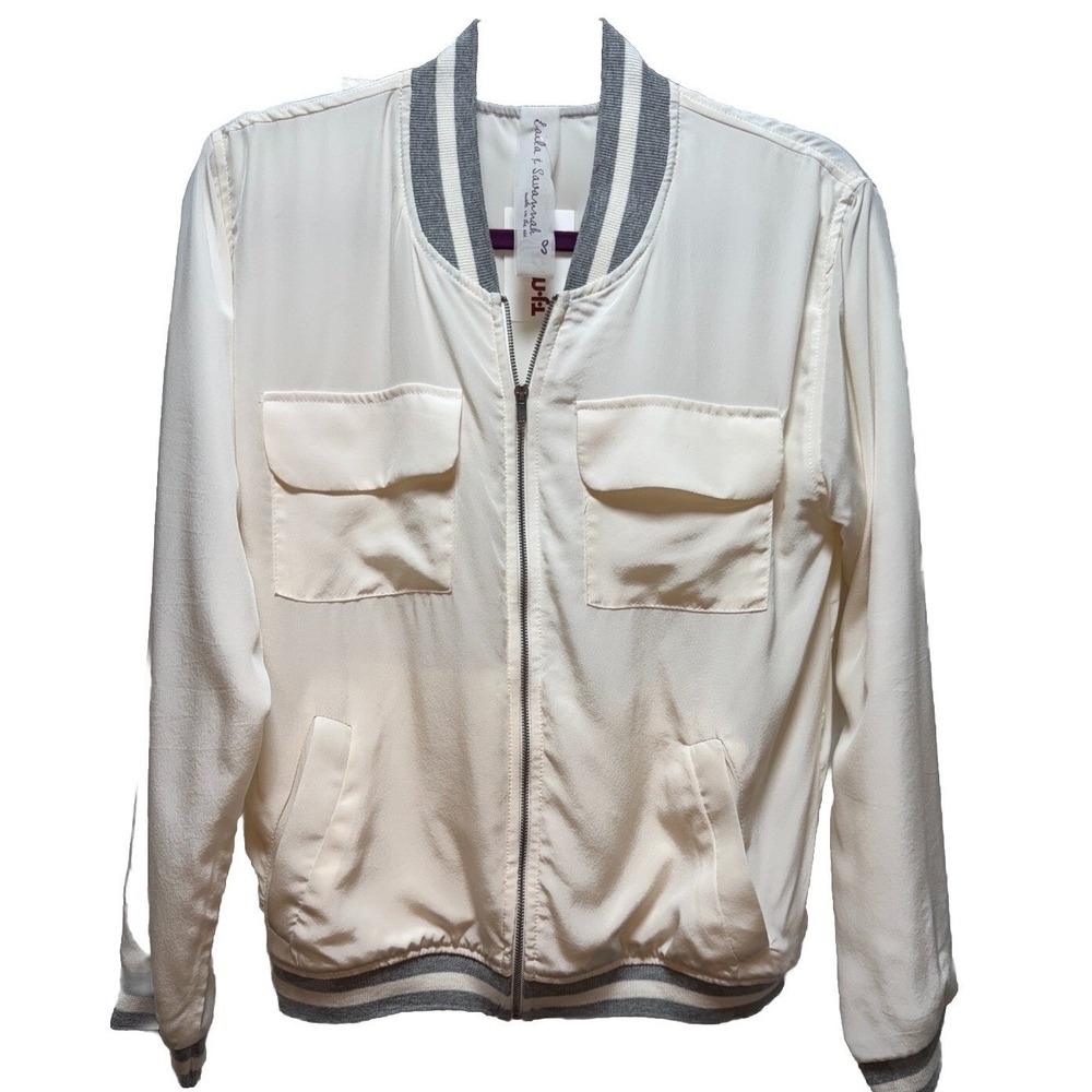 Laila & Savannah 100% Silk Bomber Jacket Ivory Gray Trim Women's S NWT Y2K